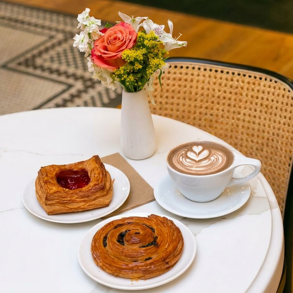 Marble café table with latte art, two pastries, and a vase of flowers beside a cane-backed chair.