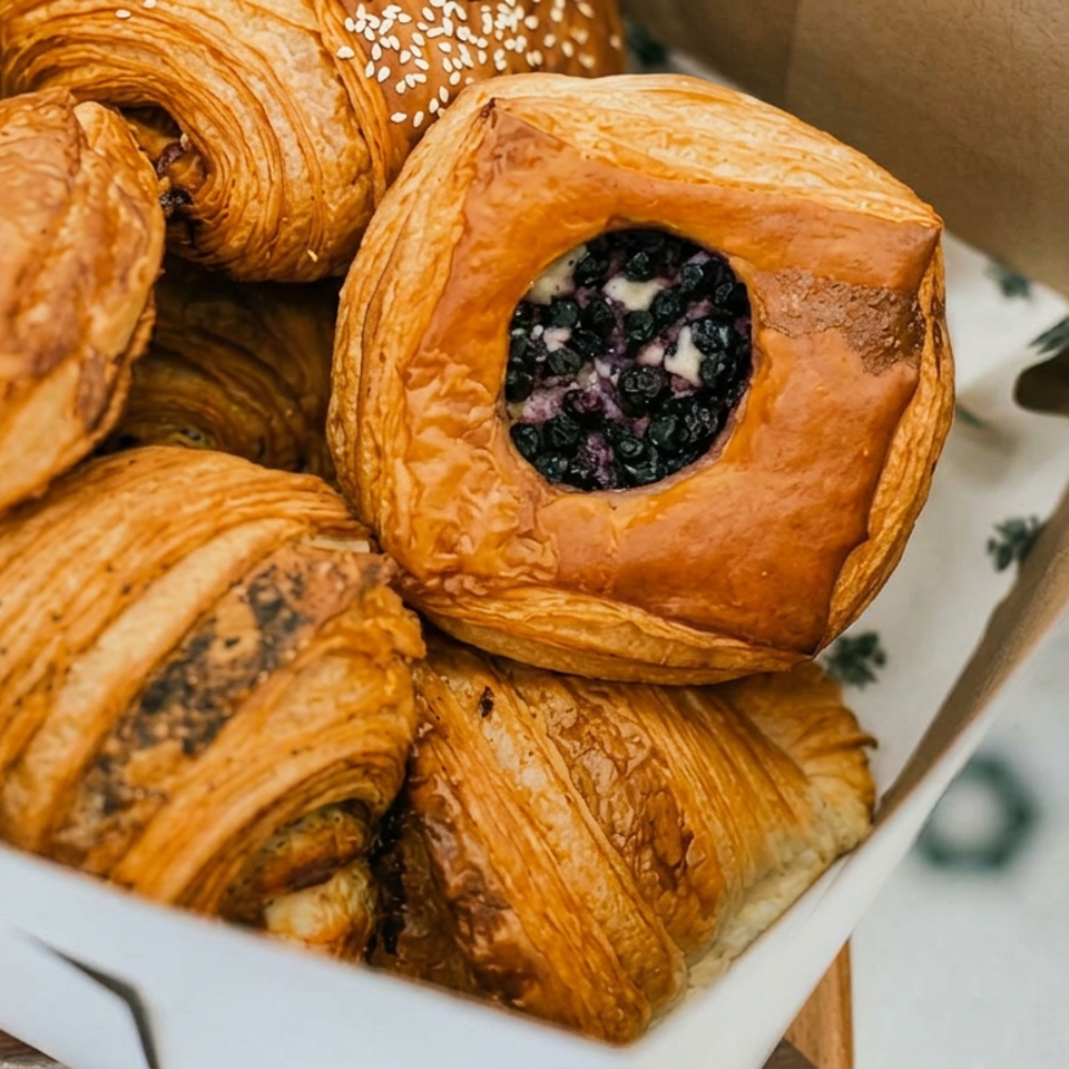 Box of golden flaky pastries, including croissants and a blueberry-filled pastry topped with sesame seeds.