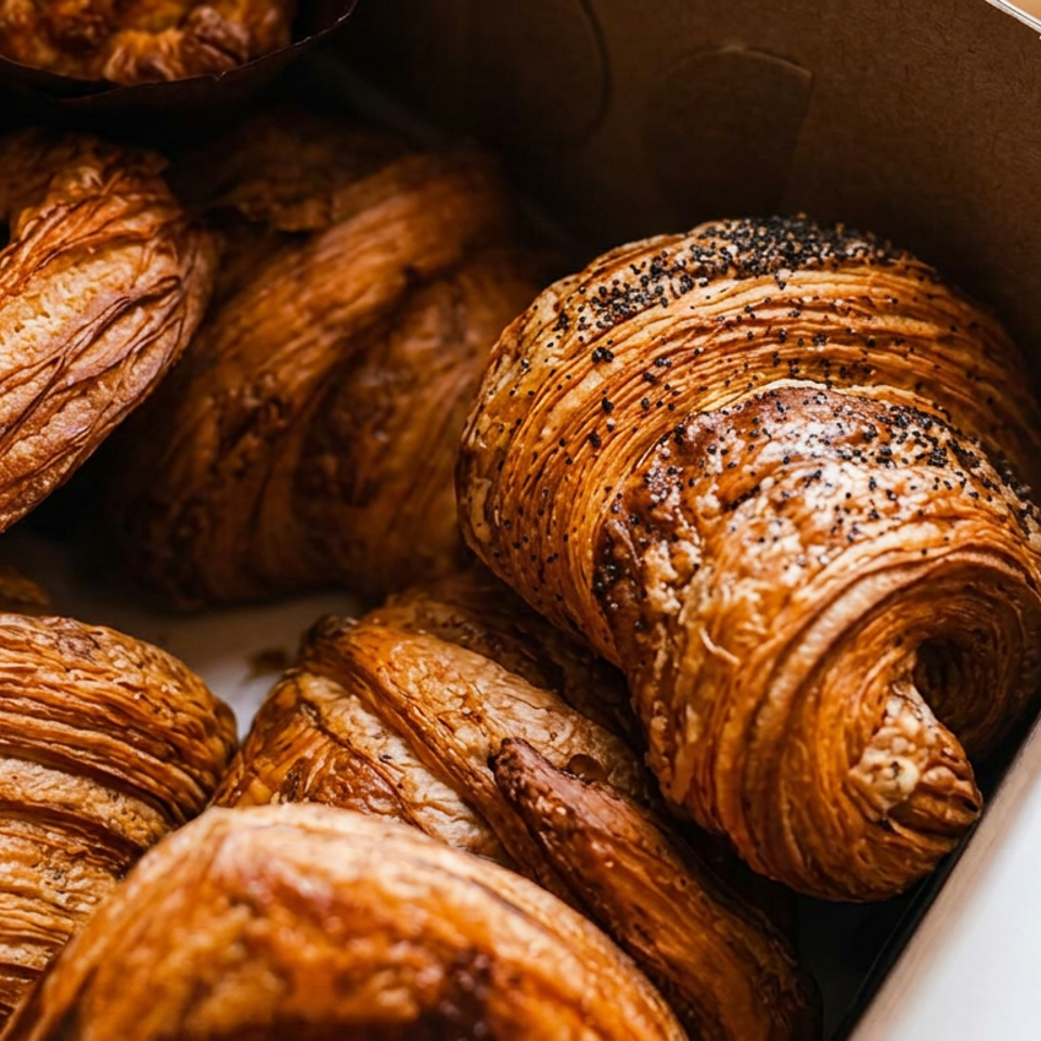 Assorted golden-brown laminated pastries, including poppy-seed rolls and croissants, arranged in a cardboard bakery box.