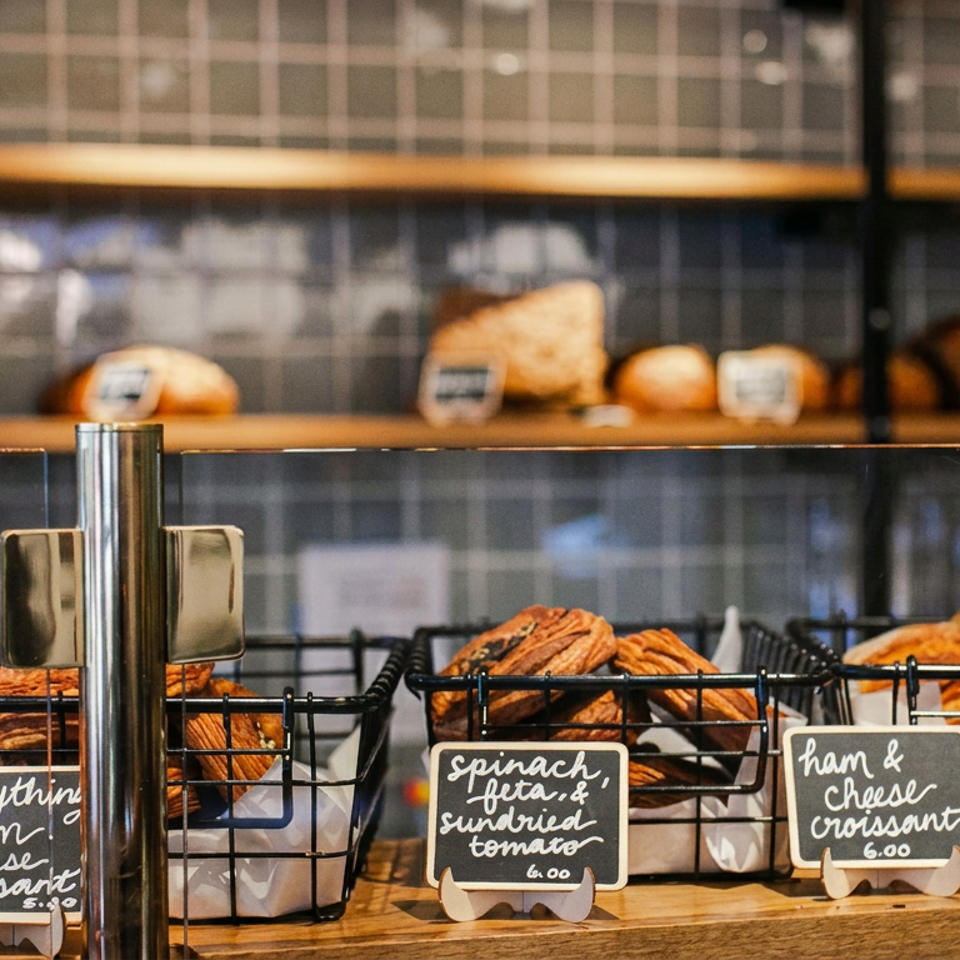 Bakery counter displaying croissants and pastries in wire baskets, with signs for cranberry cream cheese, spinach, and ham croissants.