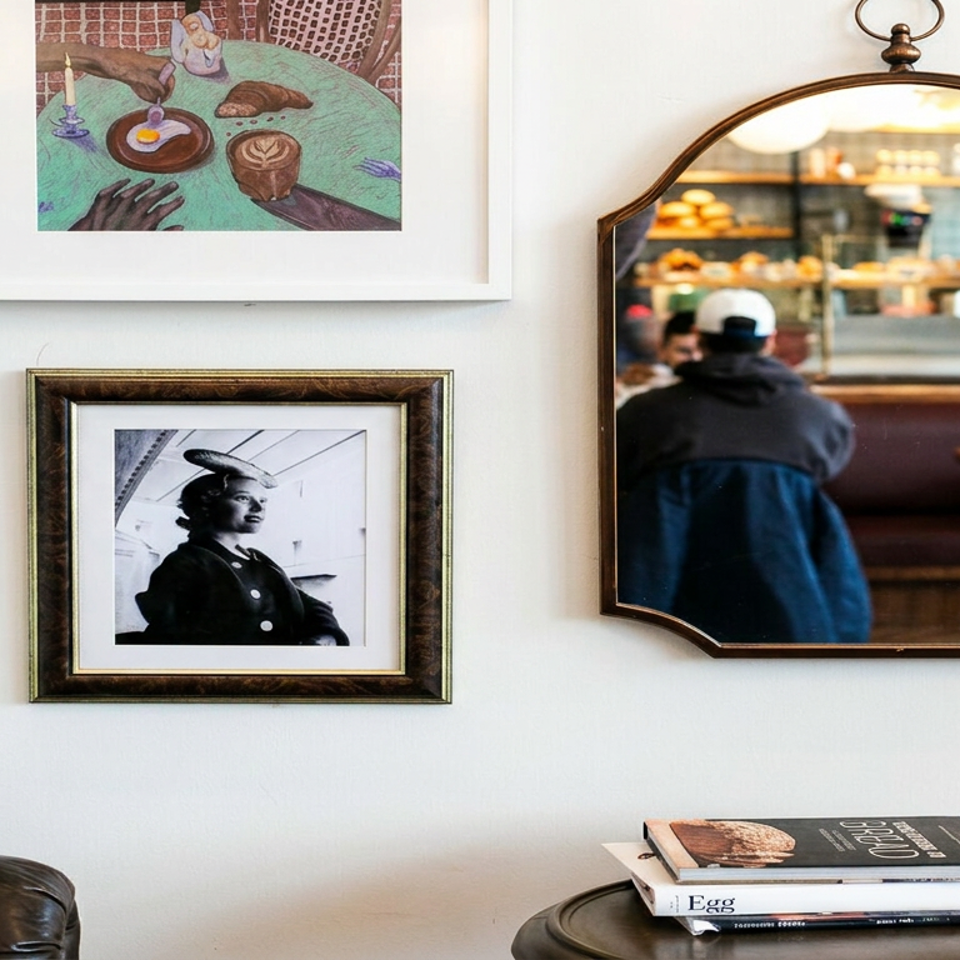 Restaurant wall decorated with framed artwork, a vintage mirror reflecting a café counter, and stacked books beside a leather sofa.
