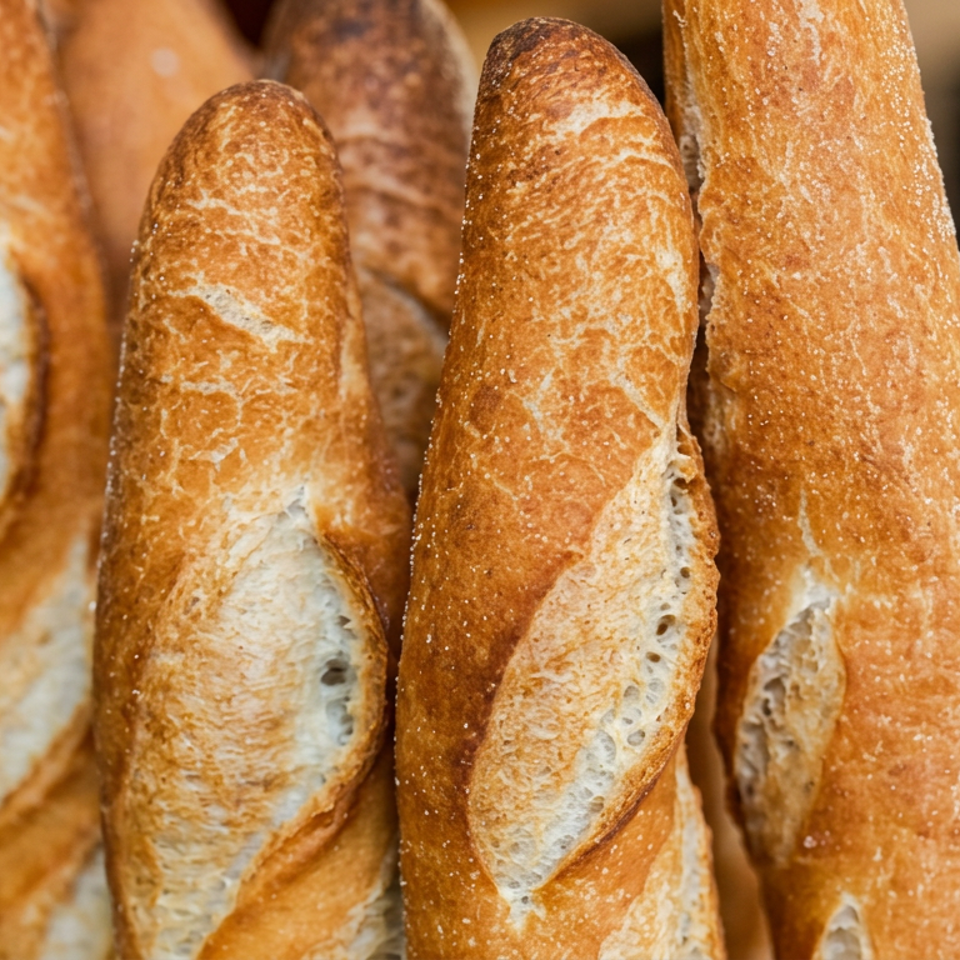Golden-brown baguettes stand upright in a warmly lit bakery display.