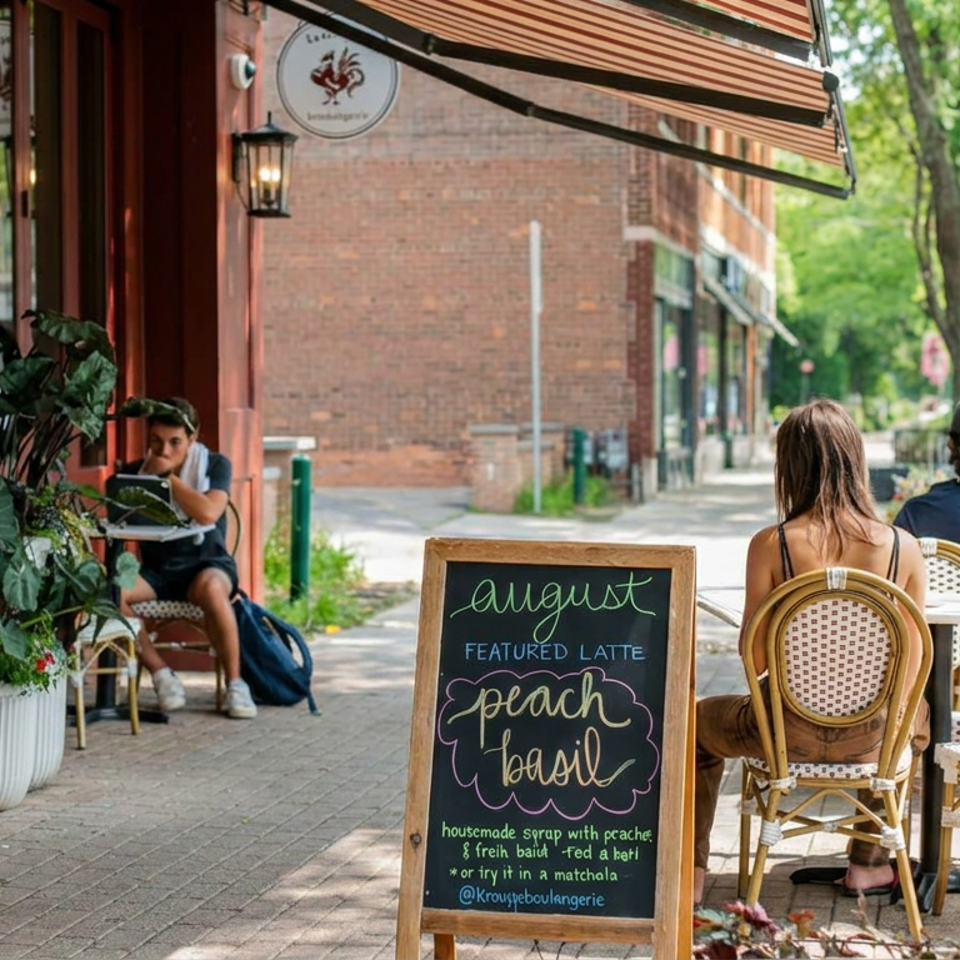 Sidewalk café patio with seated diners, wicker chairs, plants, lanterns, and a chalkboard advertising a peach basil featured latte.