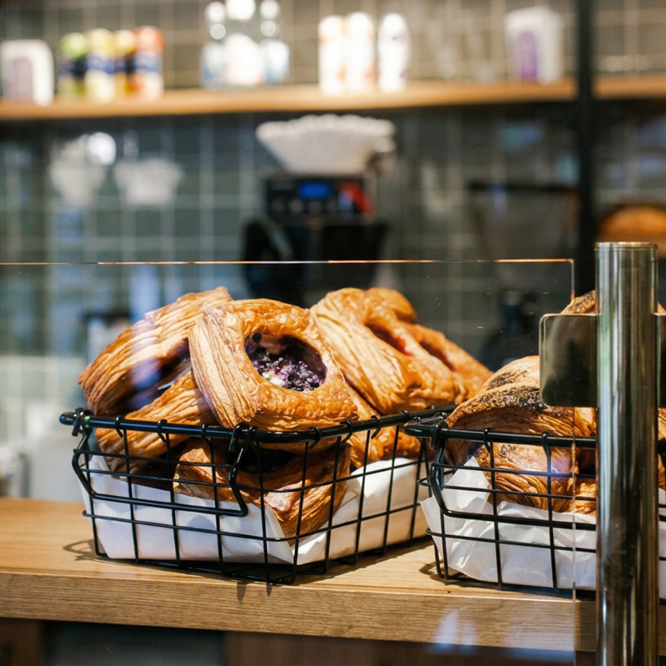 Wire baskets of golden pastries, including fruit-filled danishes, sit on a wooden bakery counter.