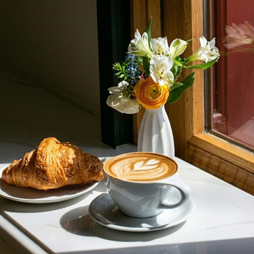 Croissant and latte with heart-shaped foam sit on a sunlit windowsill beside a vase of flowers.