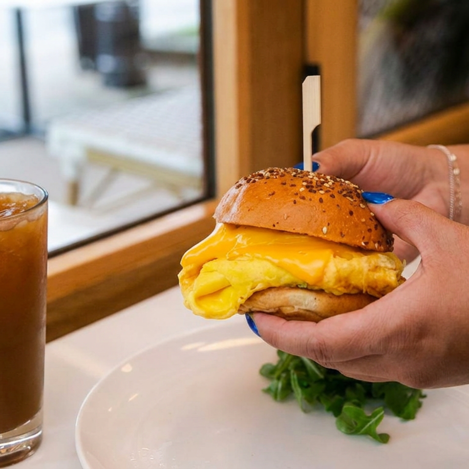Hands hold a cheeseburger with a sesame bun over a plate of lettuce beside an iced beverage by a restaurant window.