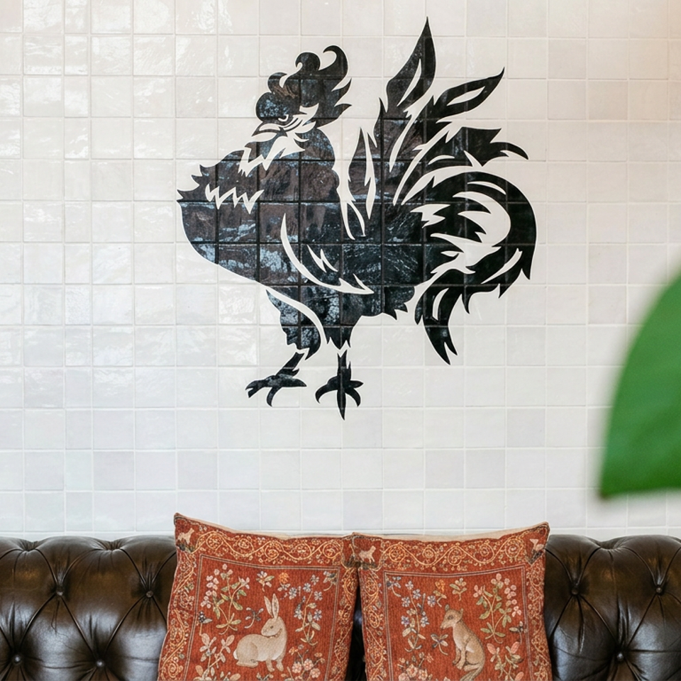 Black dragon mural on a tiled wall above a tufted leather sofa with patterned red cushions and a foreground houseplant.