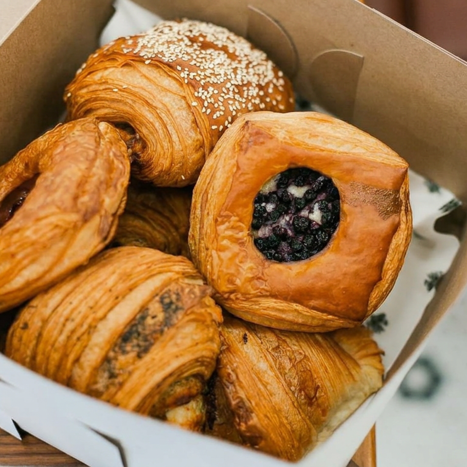 Box of golden pastries, including chocolate-filled croissants and a sesame-topped pastry, arranged on a table.
