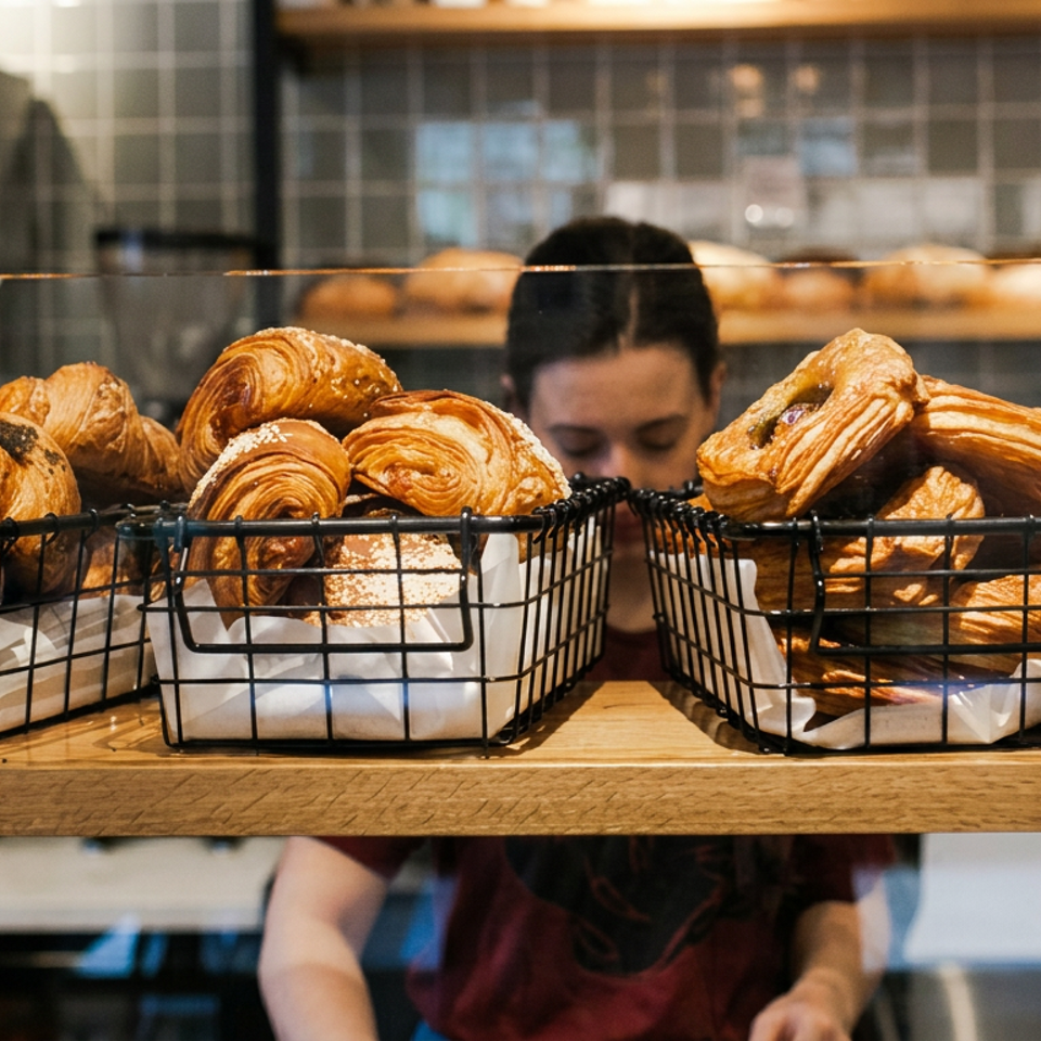 Baskets of golden croissants and pastries displayed on a wooden bakery shelf, with a staff member working behind them.