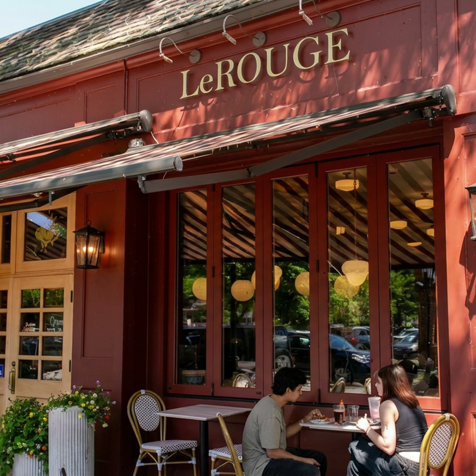 Red-painted Le Rouge restaurant exterior with striped awnings, outdoor tables, planters, and two diners seated beneath the windows.