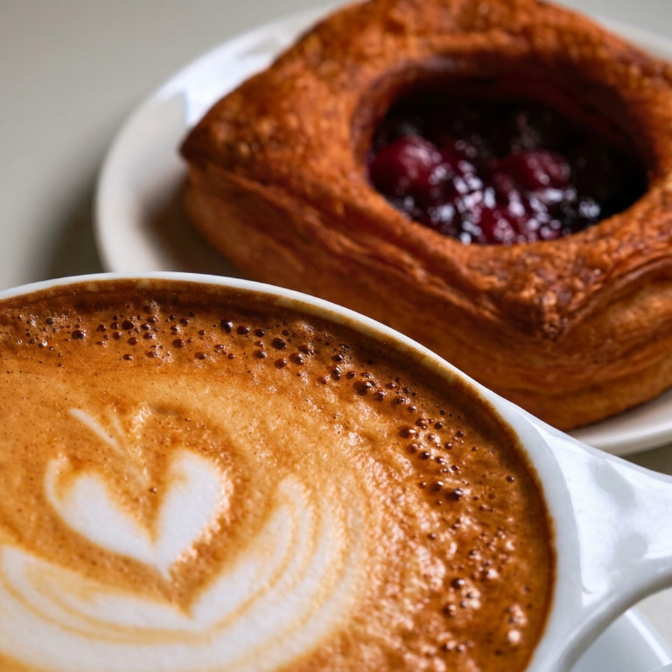 Latte with heart-shaped foam art beside a flaky square pastry filled with dark berry jam.