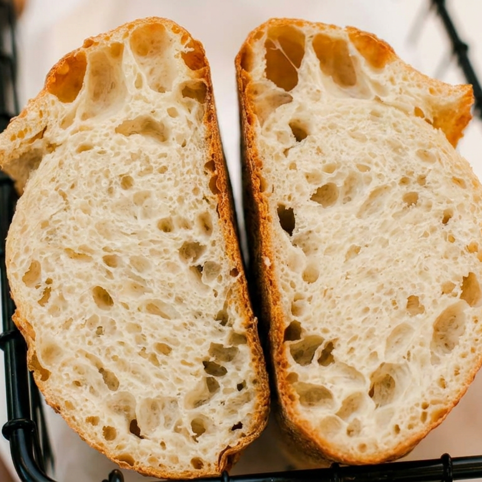 Two halves of an airy, crusty loaf of bread rest in a black wire basket lined with parchment.